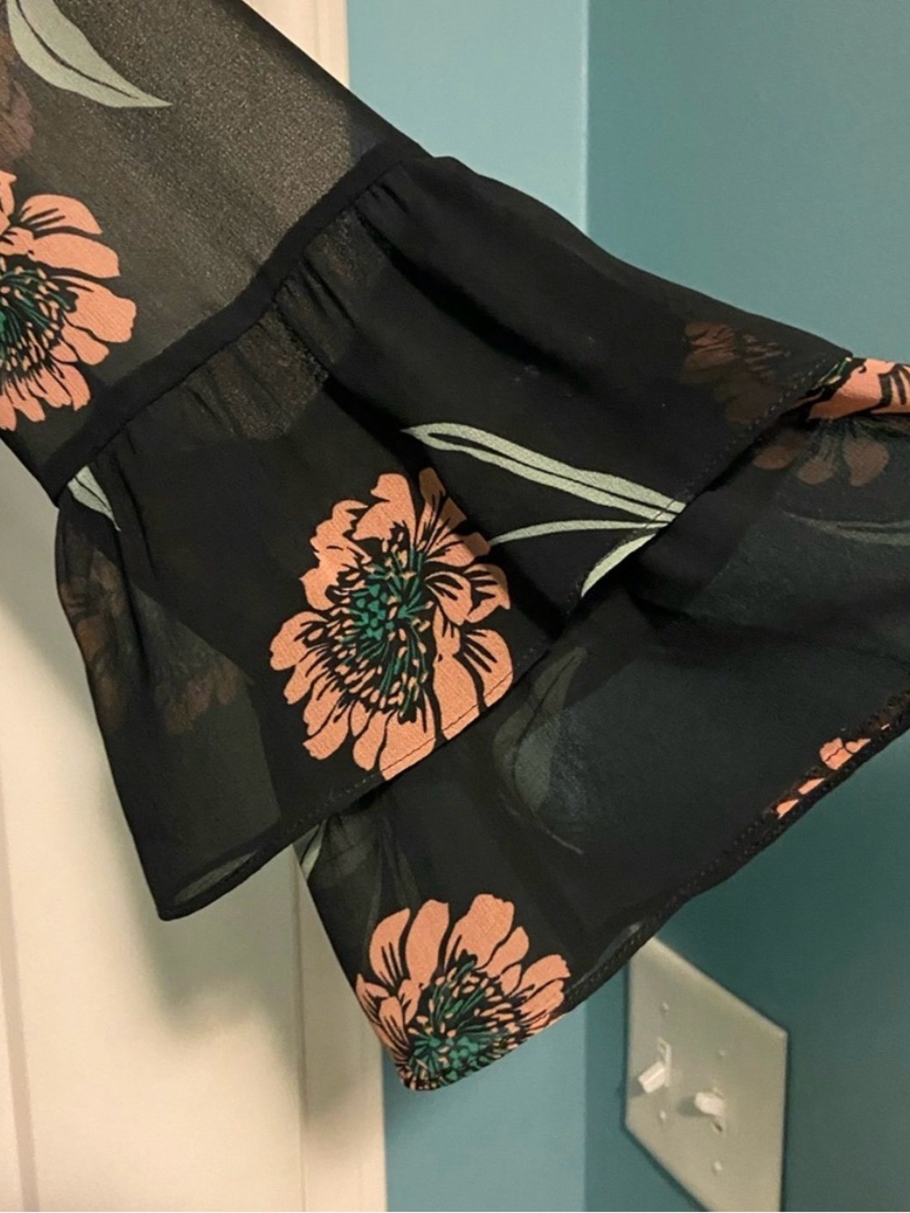 Cabi Black Button-Front Blouse with blush floral, Large. - Picture 2 of 3